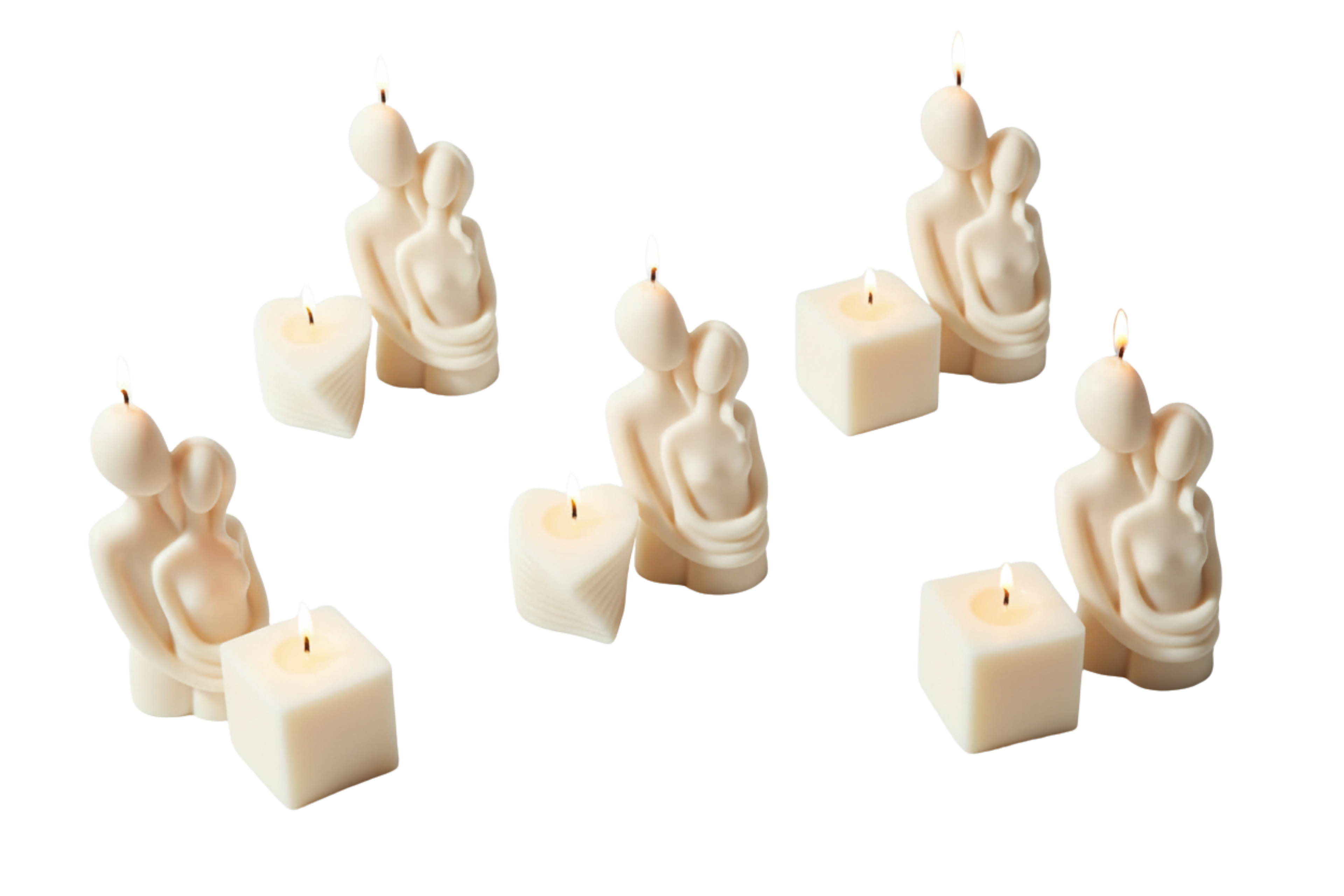 Two Hearts One Flame candle combo - Couple Hug and Layered Heart candle side by side on white marble
