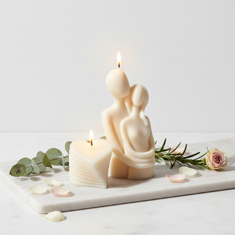 Two Hearts One Flame candle combo - Couple Hug and Layered Heart candle side by side on white marble