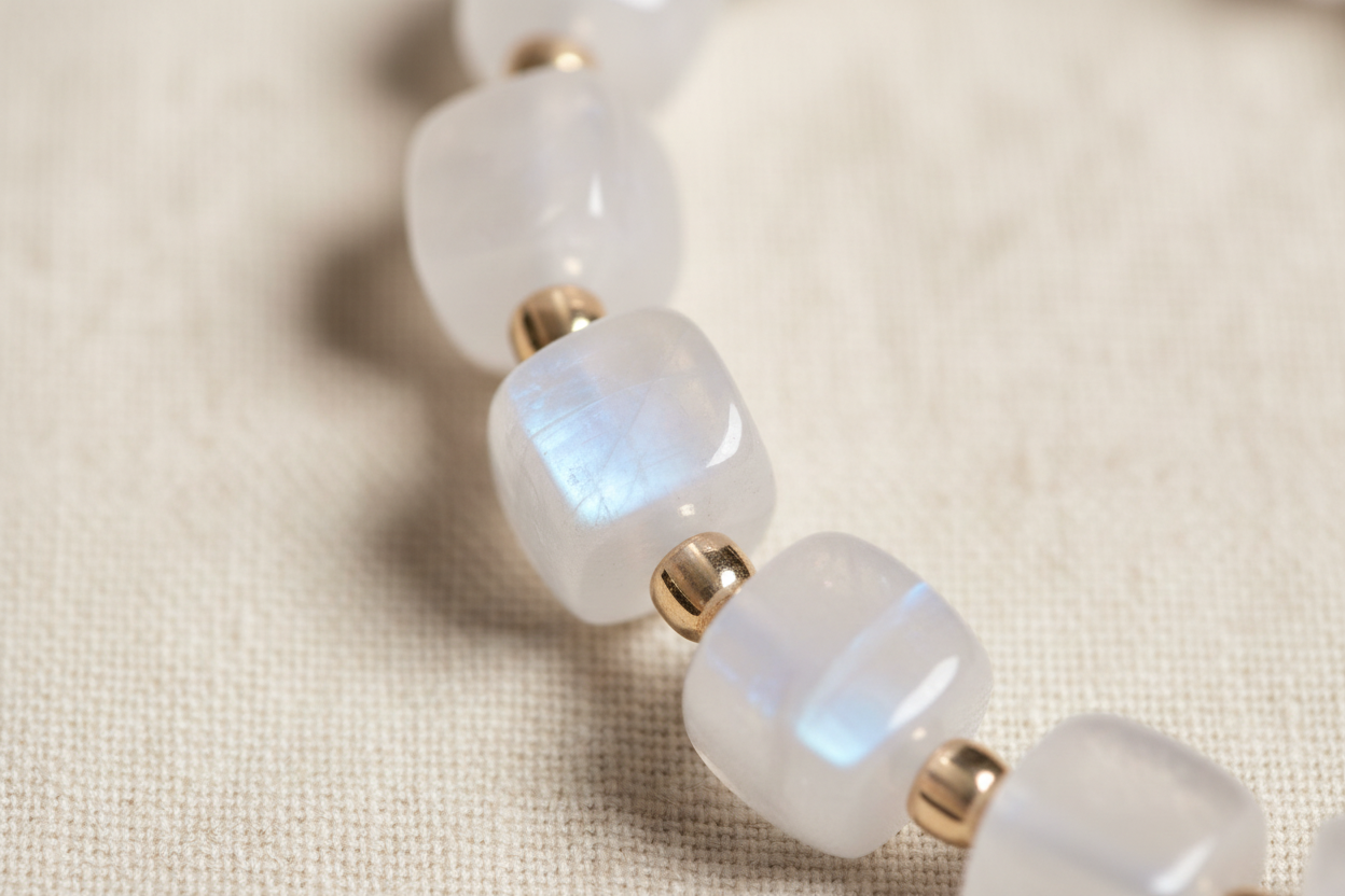Close-up of Blue Moonstone box beads showing milky white with blue flash