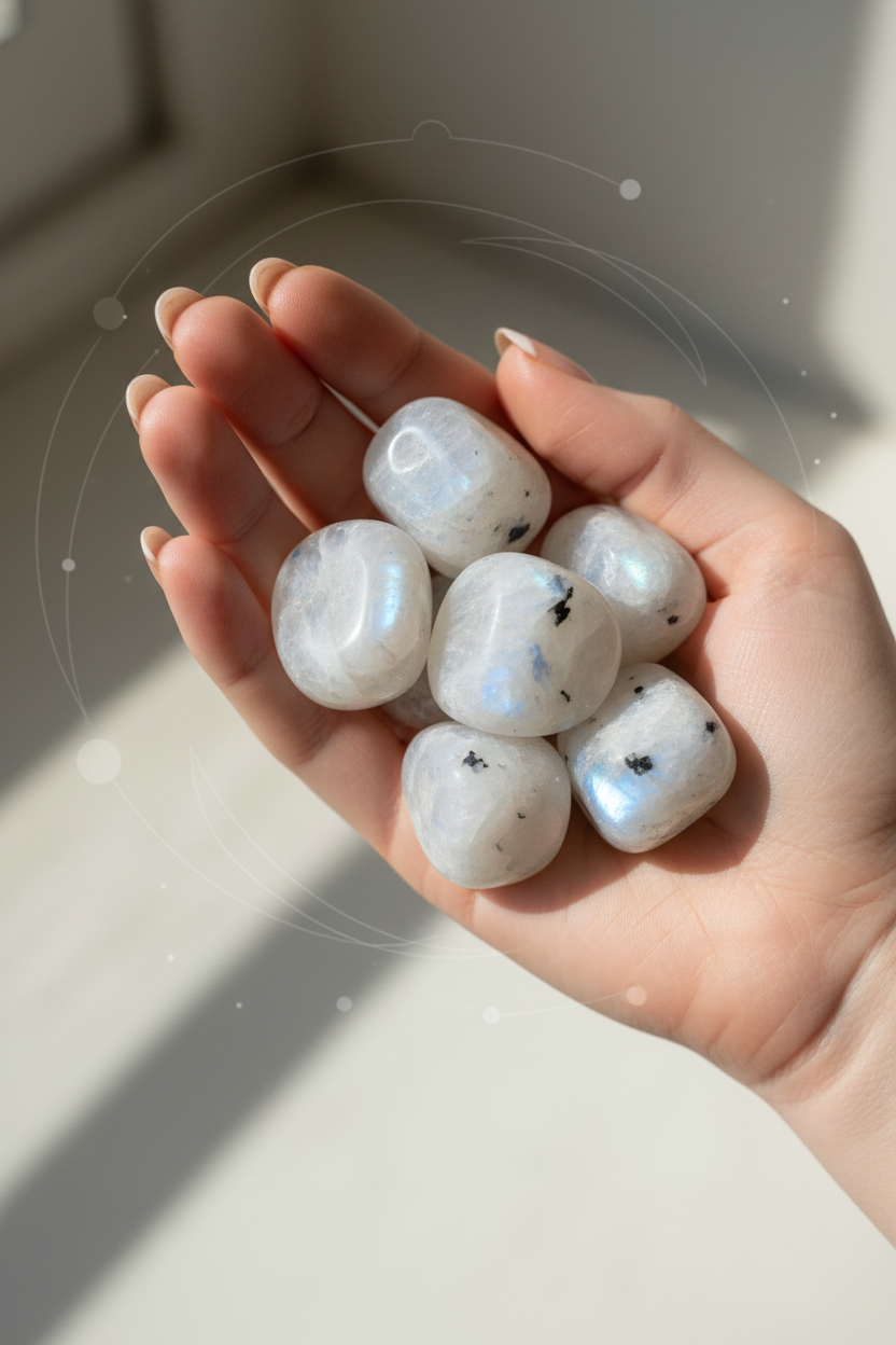 Rainbow Moonstones held in hand showing iridescent lunar energy