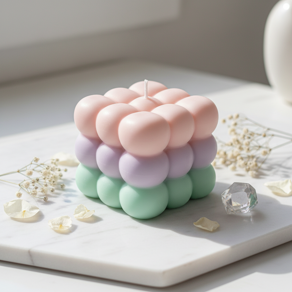 Triple cloud bubble cube candle with pastel pink lavender and mint green layers on white marble - Just Natural Purity
