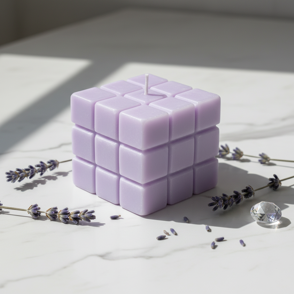 Pastel lavender dice candle on white marble - Just Natural Purity