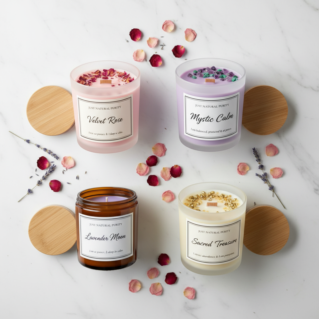 Scented & Spiritual Candle Quad - top-down flat lay of all four candles with rose petals and lavender on white marble