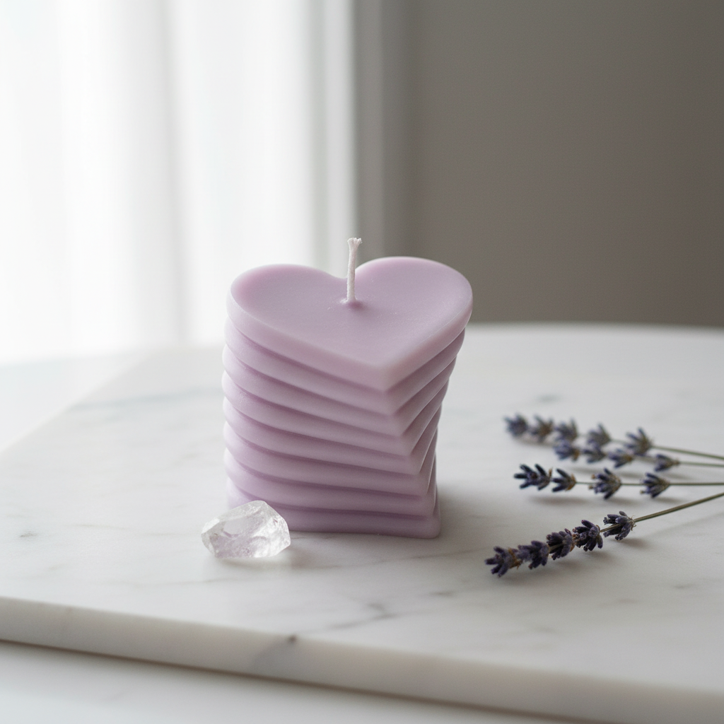 Pastel lavender layered heart candle on white marble - Just Natural Purity