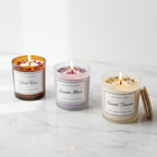 Scented & Spiritual Candle Quad - all four candles lit with warm candlelight glow on white marble