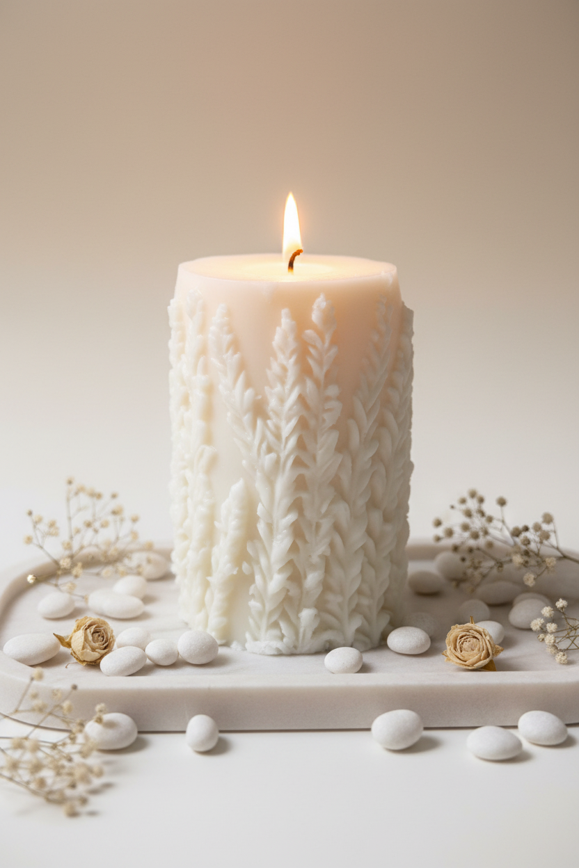 White botanical leaf relief pillar candle lit with soft warm candlelight on marble tray home decor ambiance