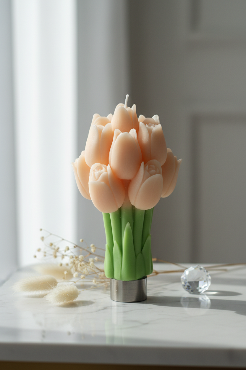 Pastel peach tulip bouquet candle on white marble with dried flowers - Just Natural Purity