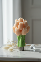 Pastel peach tulip bouquet candle on white marble with dried flowers - Just Natural Purity