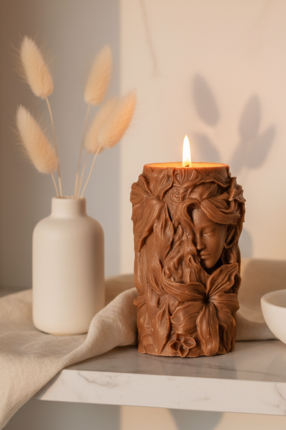 Goddess sculptural pillar candle glowing on white marble shelf styled with pampas grass and ceramic decor, warm candlelight