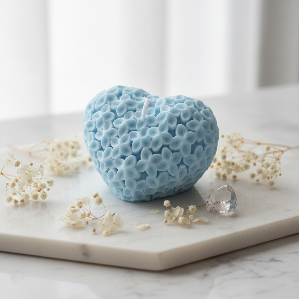 Pastel sky blue heart floral candle on white marble - Just Natural Purity