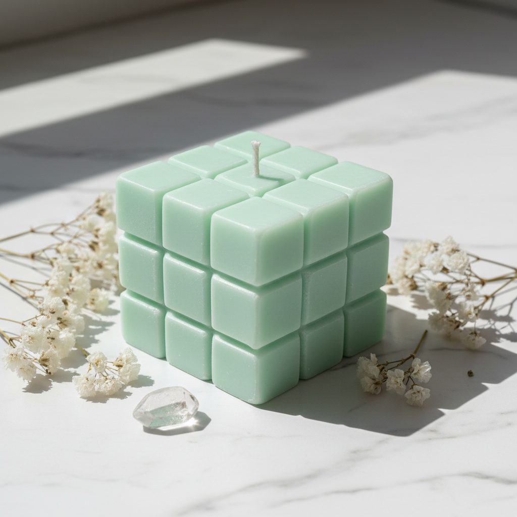 Pastel mint green dice candle on white marble - Just Natural Purity