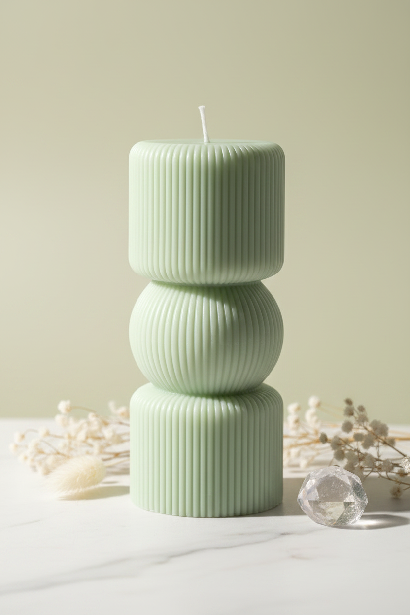 Pastel sage green sculptural three-tier ribbed pillar candle on white marble - Just Natural Purity