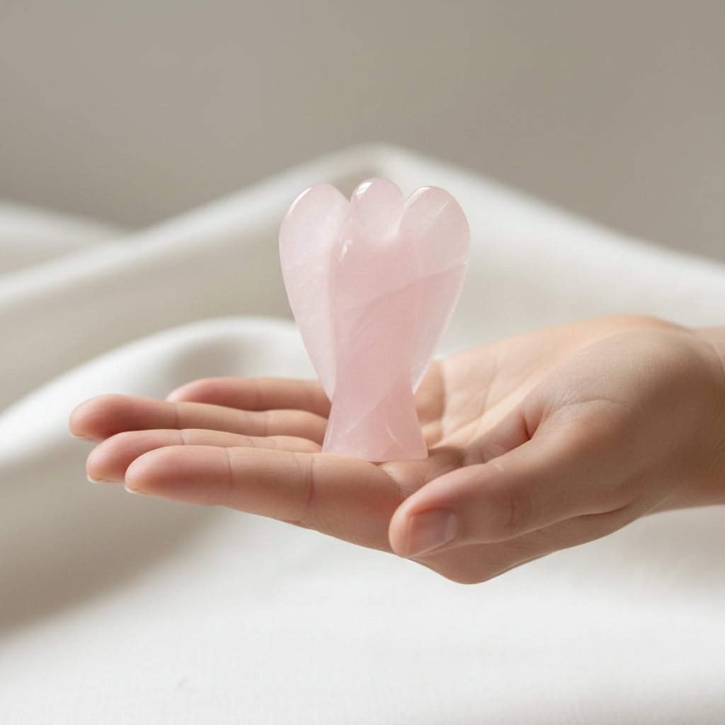 Rose Quartz pocket angel held in woman's palm — love and healing crystal figurine