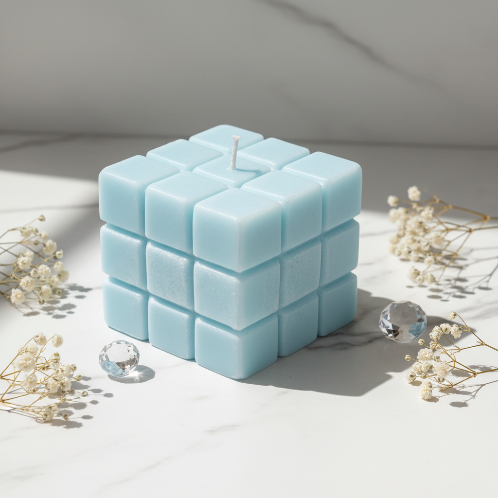 Pastel sky blue dice candle on white marble - Just Natural Purity