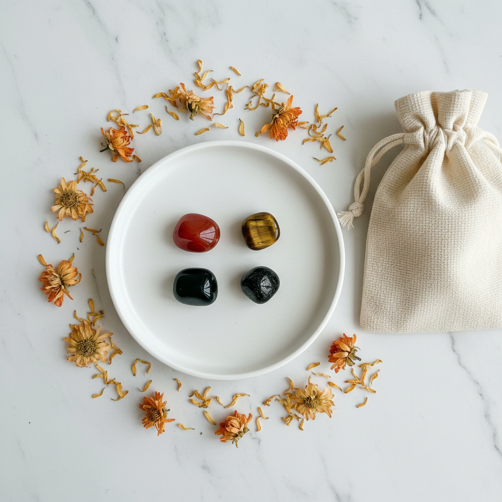 Energy & Vitality Crystal Set - top-down flat lay of Red Carnelian, Tiger Eye, Black Obsidian and Bronzite tumbles with cotton potli