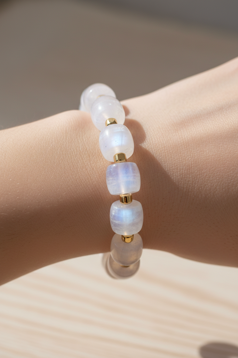 Blue Moonstone Bracelet worn on wrist showing white beads with blue sheen