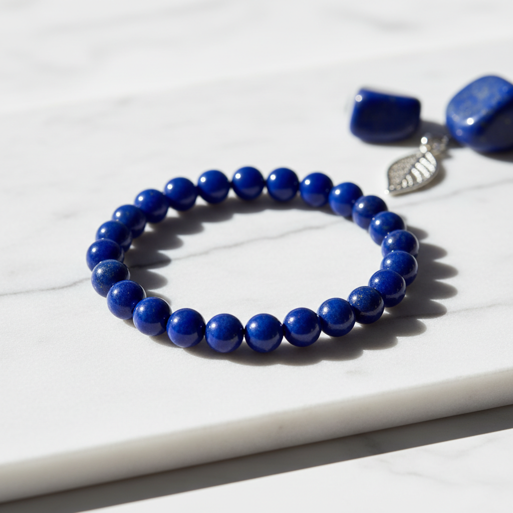 Lapis Lazuli Crystal Bracelet with deep blue beads and golden pyrite on marble