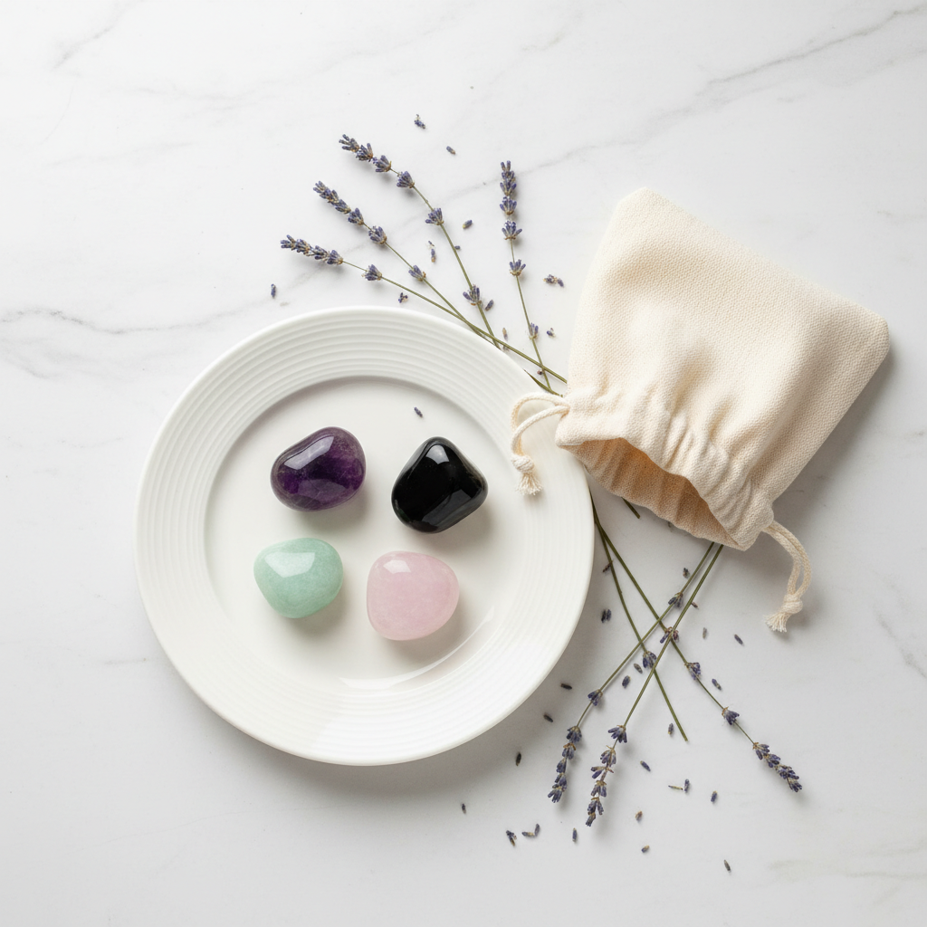 Intuition & Psychic Crystal Set - top-down flat lay of Amethyst, Obsidian, Rose Quartz and Green Aventurine tumbles with cotton potli