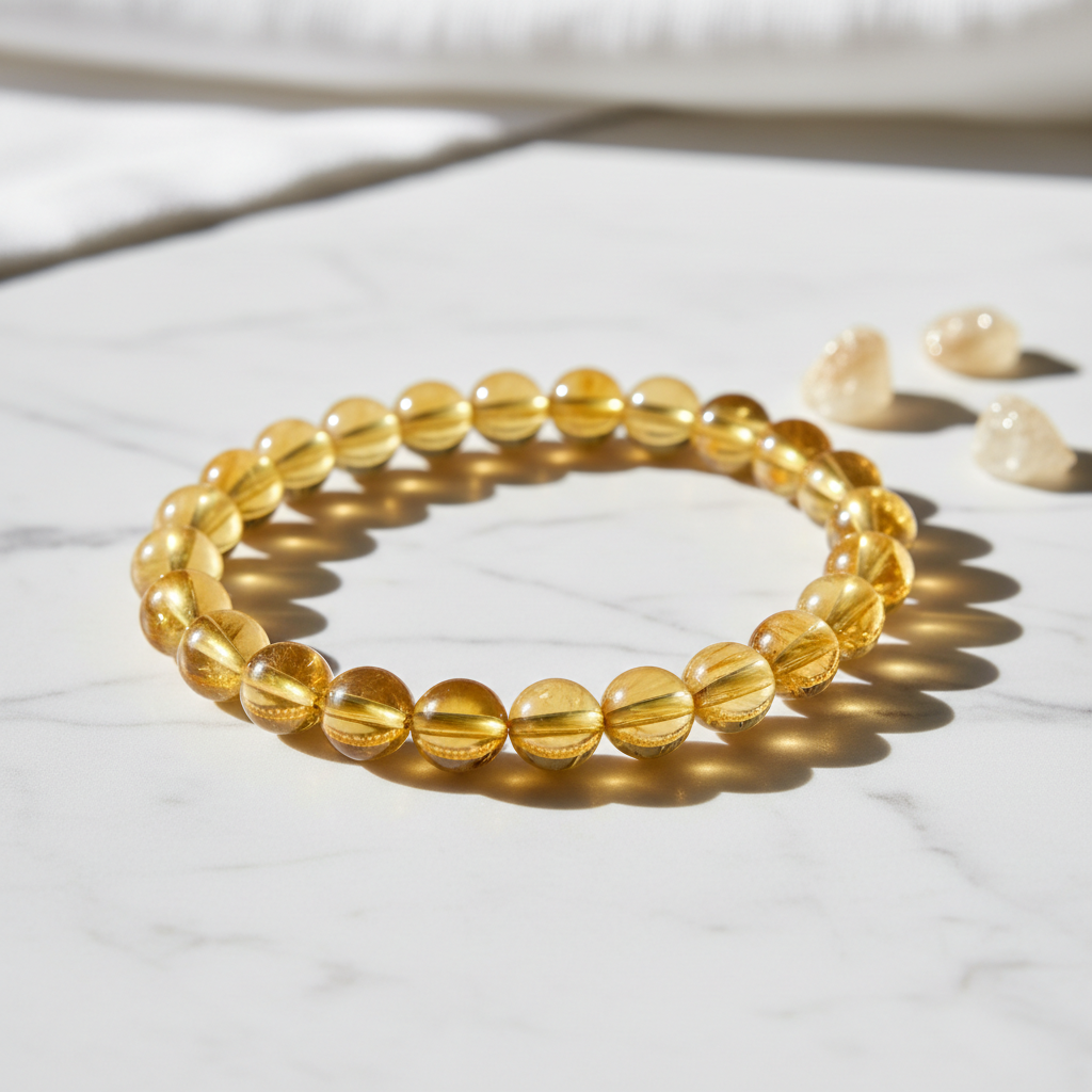 Citrine Crystal Bracelet with sunny yellow golden beads on marble surface