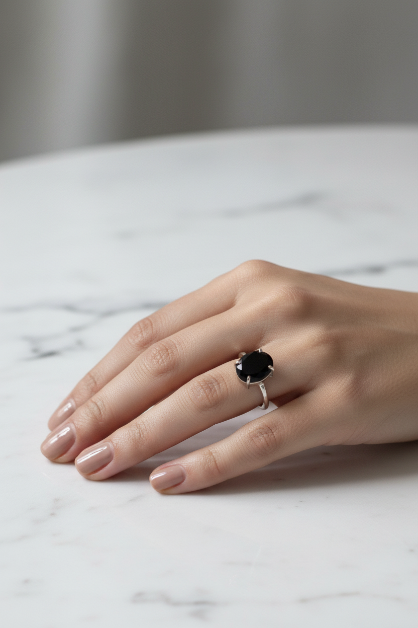 Black Obsidian Crystal Ring — Adjustable