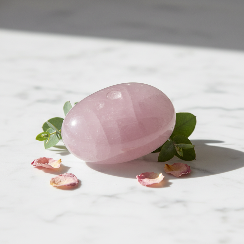 Rose Quartz Palm Stone with soft pink color on marble surface