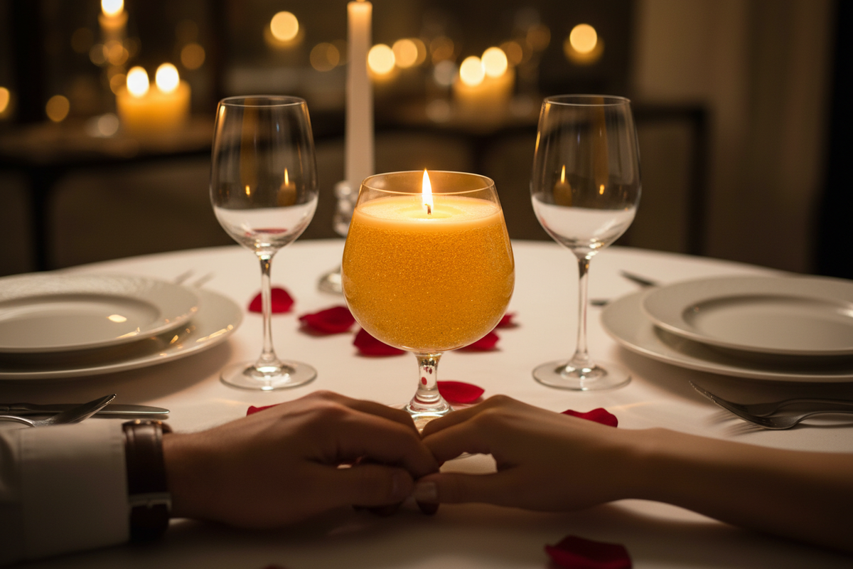 Romantic date night dinner table with golden glitter gel candle as centrepiece, couple's hands, rose petals and champagne