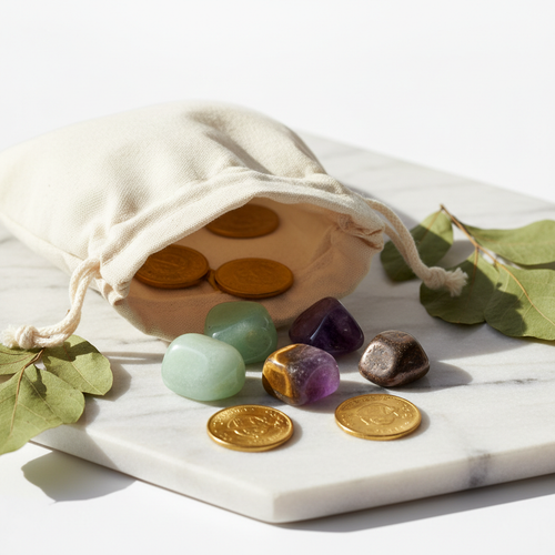 Abundance & Growth Crystal Set - four crystal tumbles spilling from cream cotton potli with gold accents and green leaves