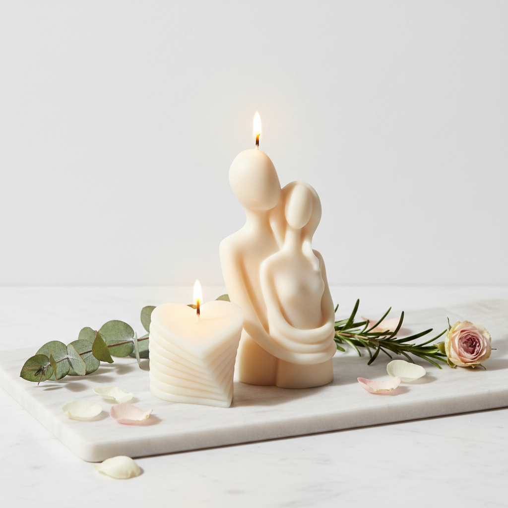 Two Hearts One Flame candle combo - Couple Hug and Layered Heart candle side by side on white marble
