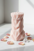 Pastel blush pink geometric chevron pillar candle on white marble - Just Natural Purity