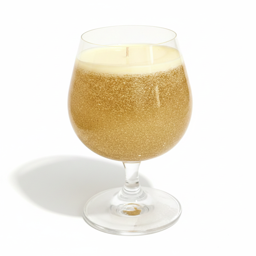Golden glitter gel candle in wine glass on pure white background, clean studio product shot