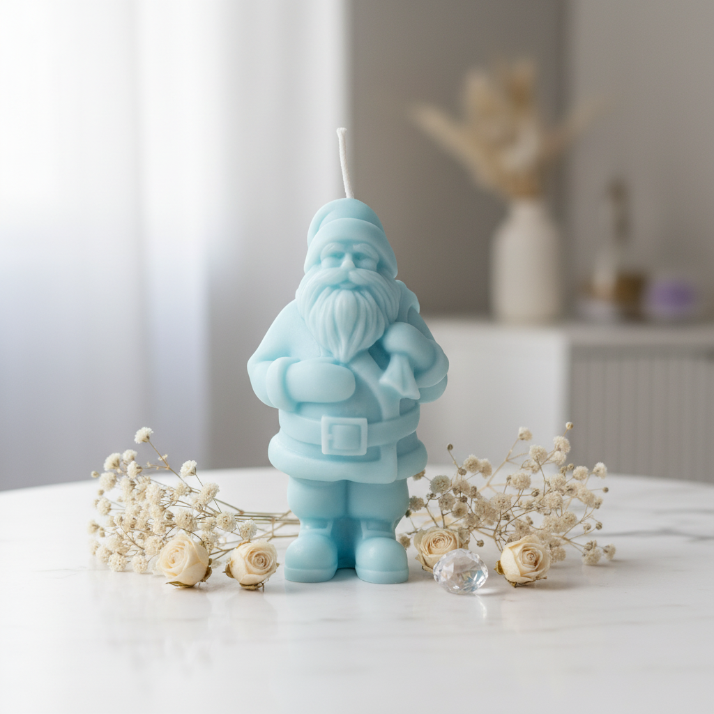 Pastel sky blue Santa Claus figurine candle on white marble - Just Natural Purity