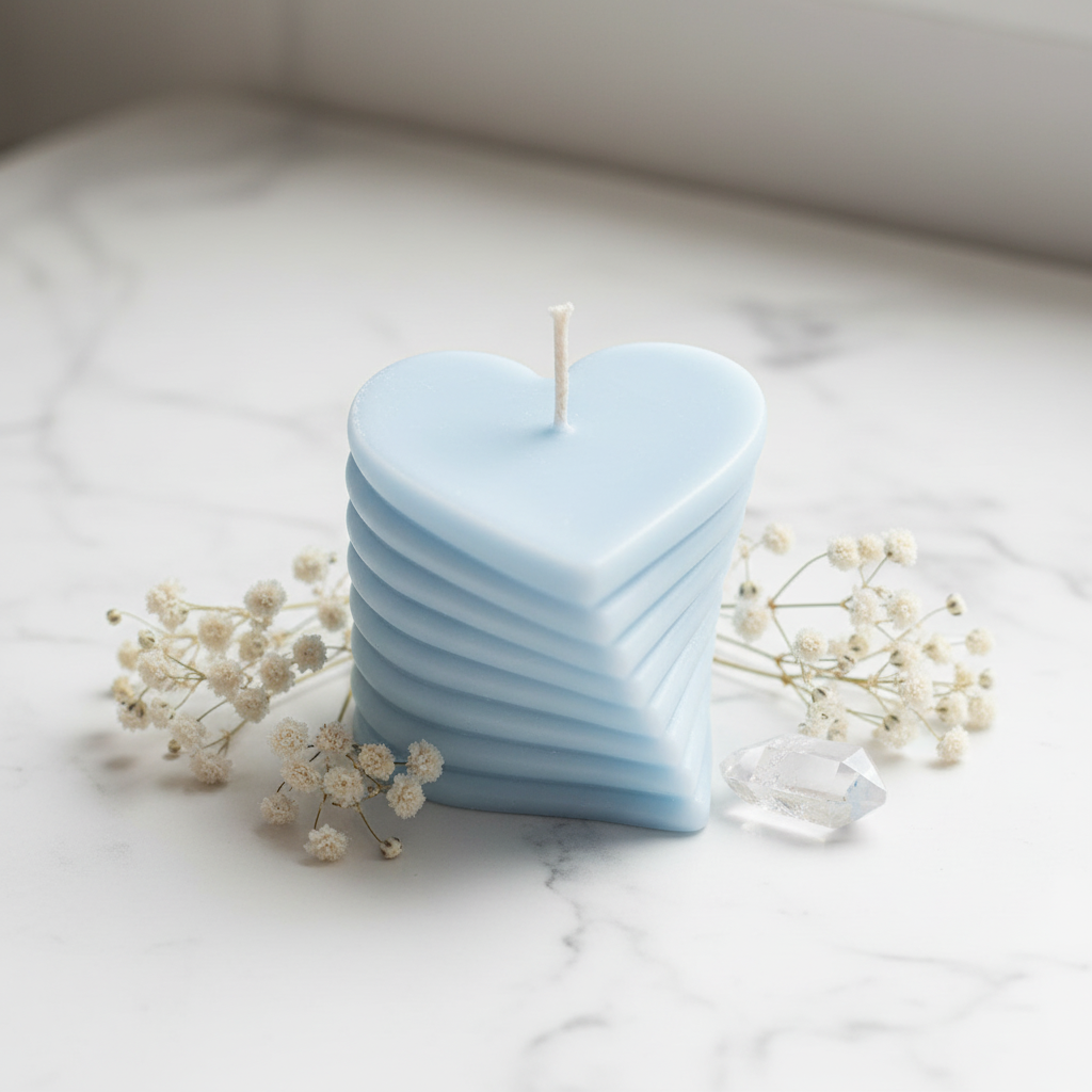 Pastel sky blue layered heart candle on white marble - Just Natural Purity