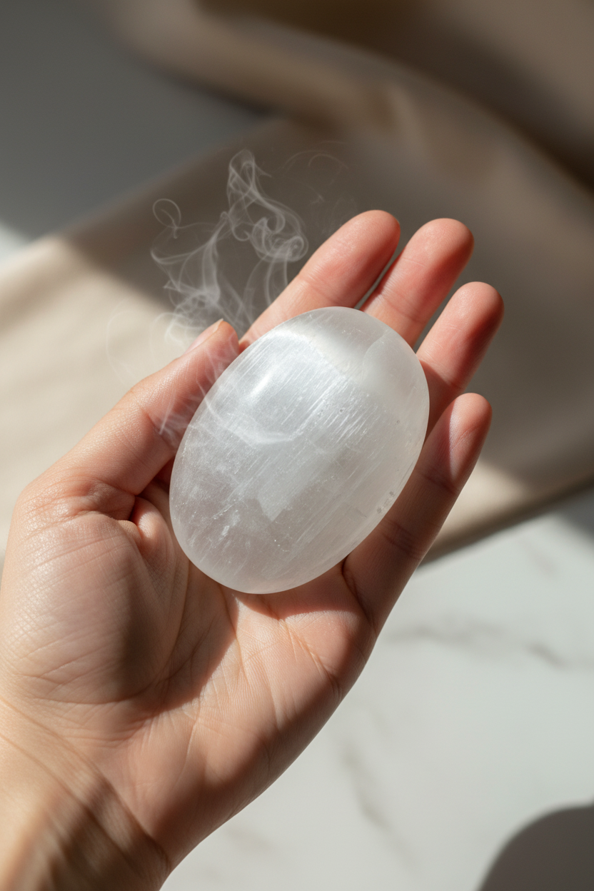 Selenite Palm Stone held in hand showing pearly white luster
