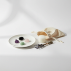 Intuition & Psychic Crystal Set - Amethyst, Black Obsidian, Rose Quartz and Green Aventurine tumbles on white plate with cotton potli