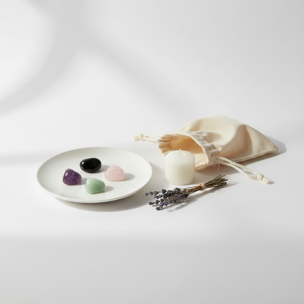Intuition & Psychic Crystal Set - Amethyst, Black Obsidian, Rose Quartz and Green Aventurine tumbles on white plate with cotton potli
