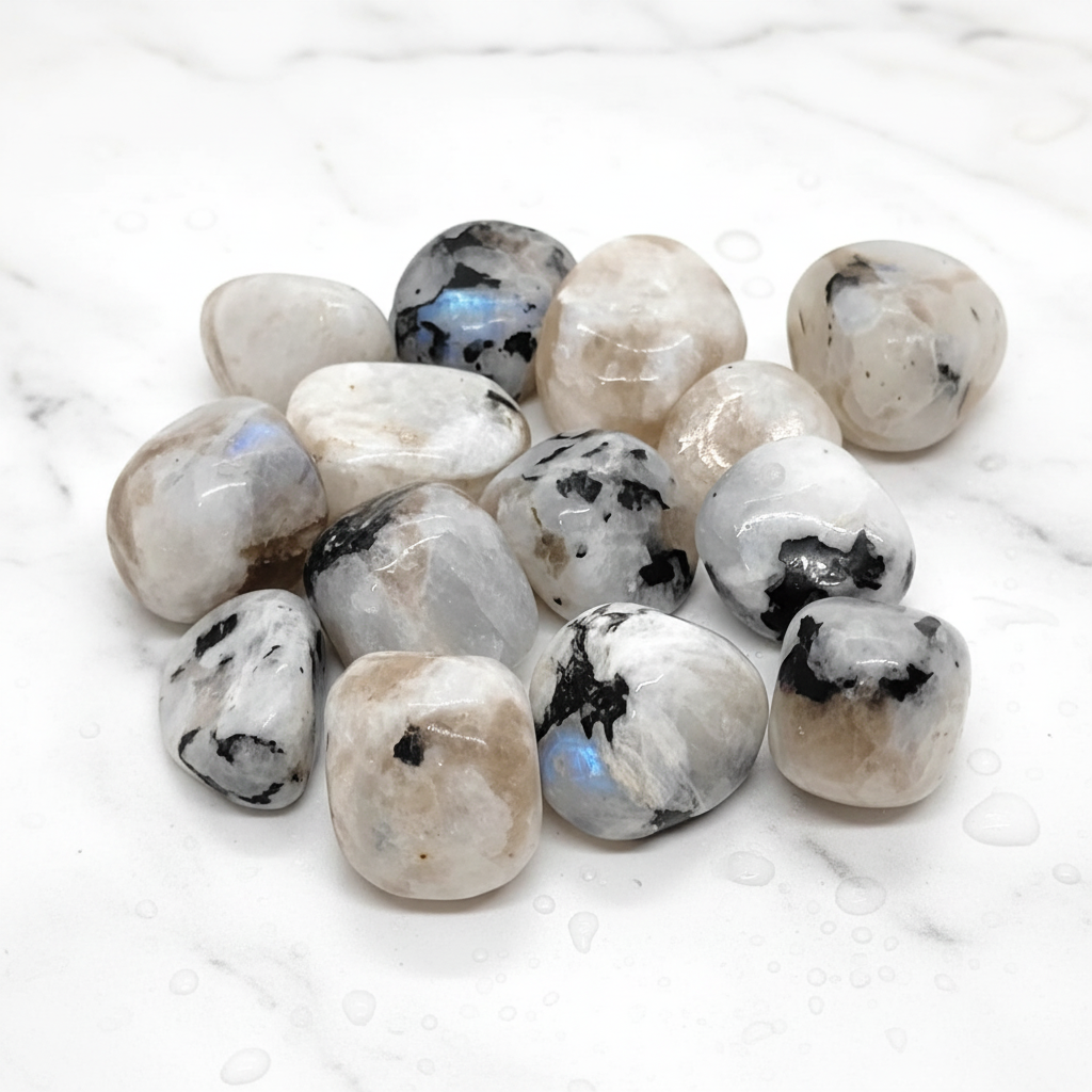 Rainbow Moonstone Tumbled Stones with white milky and blue flash on marble