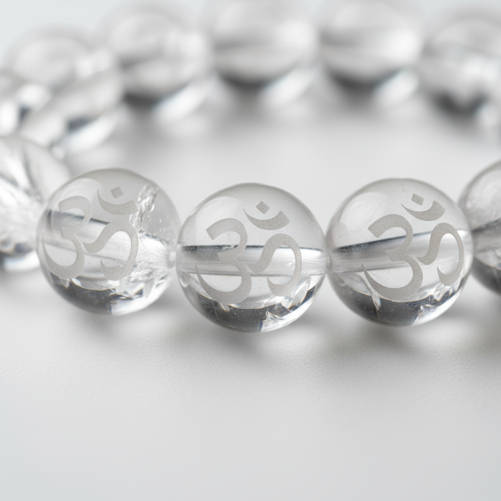 Clear Quartz AUM bracelet ultra close-up showing OM symbol engraved on every crystal bead - Just Natural Purity