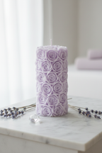 Pastel lavender rose textured pillar soy candle on white marble with dried lavender - Just Natural Purity