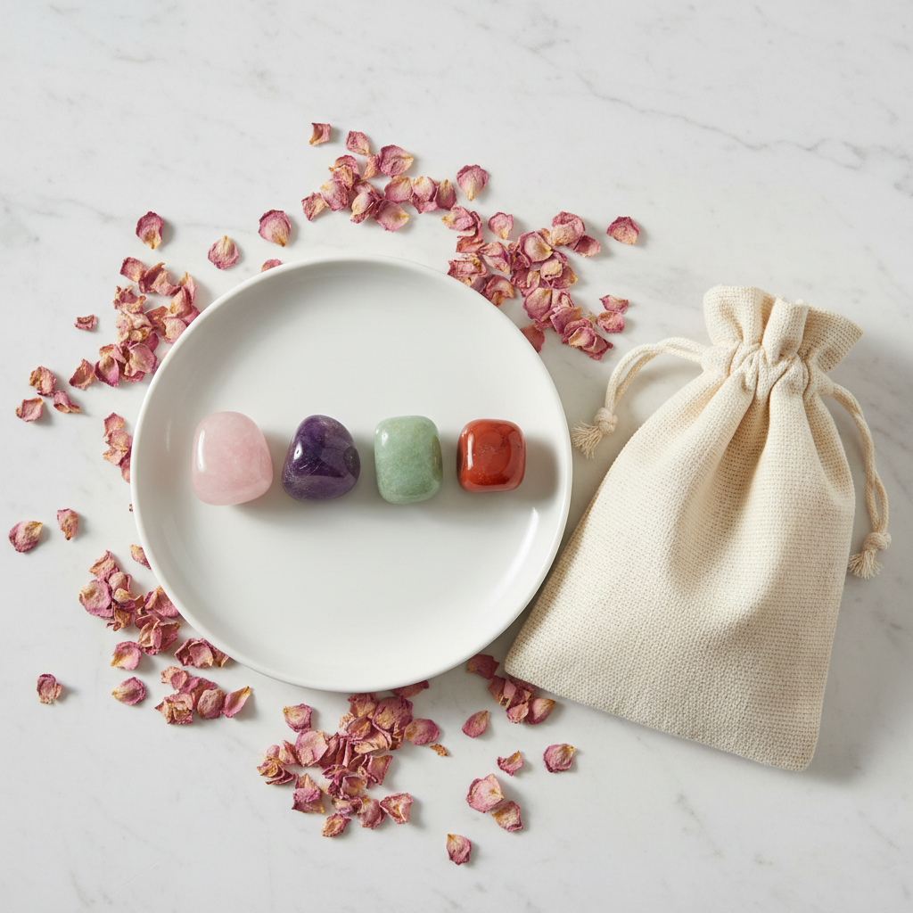 Love & Heart Healing Crystal Set - top-down flat lay of Rose Quartz, Amethyst, Green Aventurine and Carnelian tumbles with cotton potli