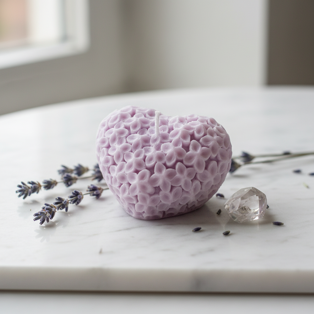 Pastel lavender heart floral candle on white marble - Just Natural Purity