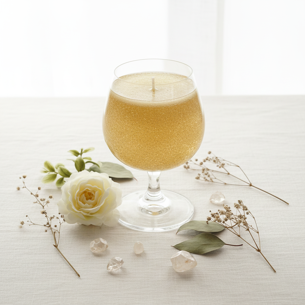 Golden glitter gel candle in wine glass styled flat lay with white rose and botanicals on white surface