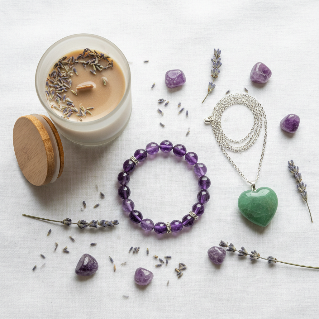 Manifestation Crystal Gift Set - flat lay with Amethyst bracelet, Green Aventurine pendant, candle and dried lavender on white linen