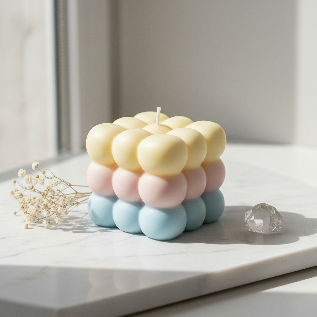 Triple cloud bubble cube candle with pastel yellow pink and sky blue layers on white marble - Just Natural Purity