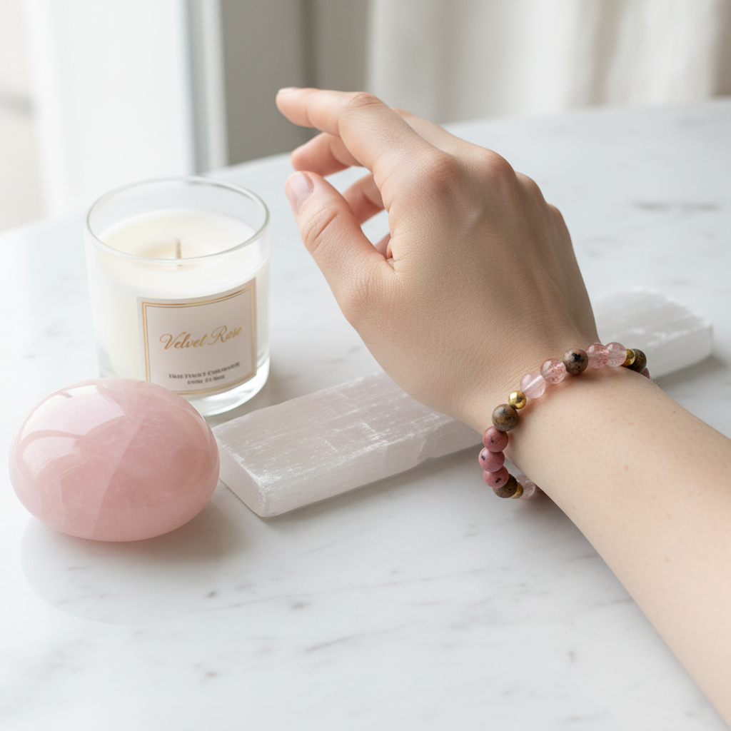 Premium Luxury Crystal Hamper - hand wearing Divine Love Bracelet with Rose Quartz palm stone, Velvet Rose candle and Selenite slab on white marble