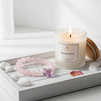 Sister's Love Crystal Gift Set - styled tray with lit Velvet Rose candle, Rose Quartz bracelet and Amethyst pendant on white wood