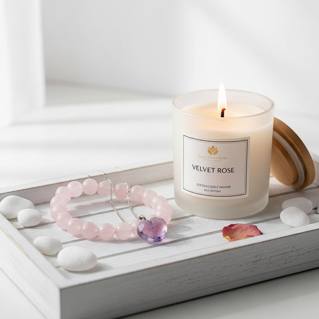 Sister's Love Crystal Gift Set - styled tray with lit Velvet Rose candle, Rose Quartz bracelet and Amethyst pendant on white wood
