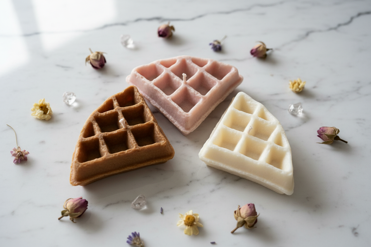 Waffle candles in brown pink and white group shot on white marble - Just Natural Purity
