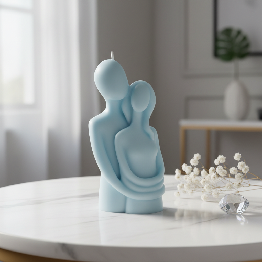Pastel sky blue couple hugging figurine soy candle on white marble with dried flowers - Just Natural Purity