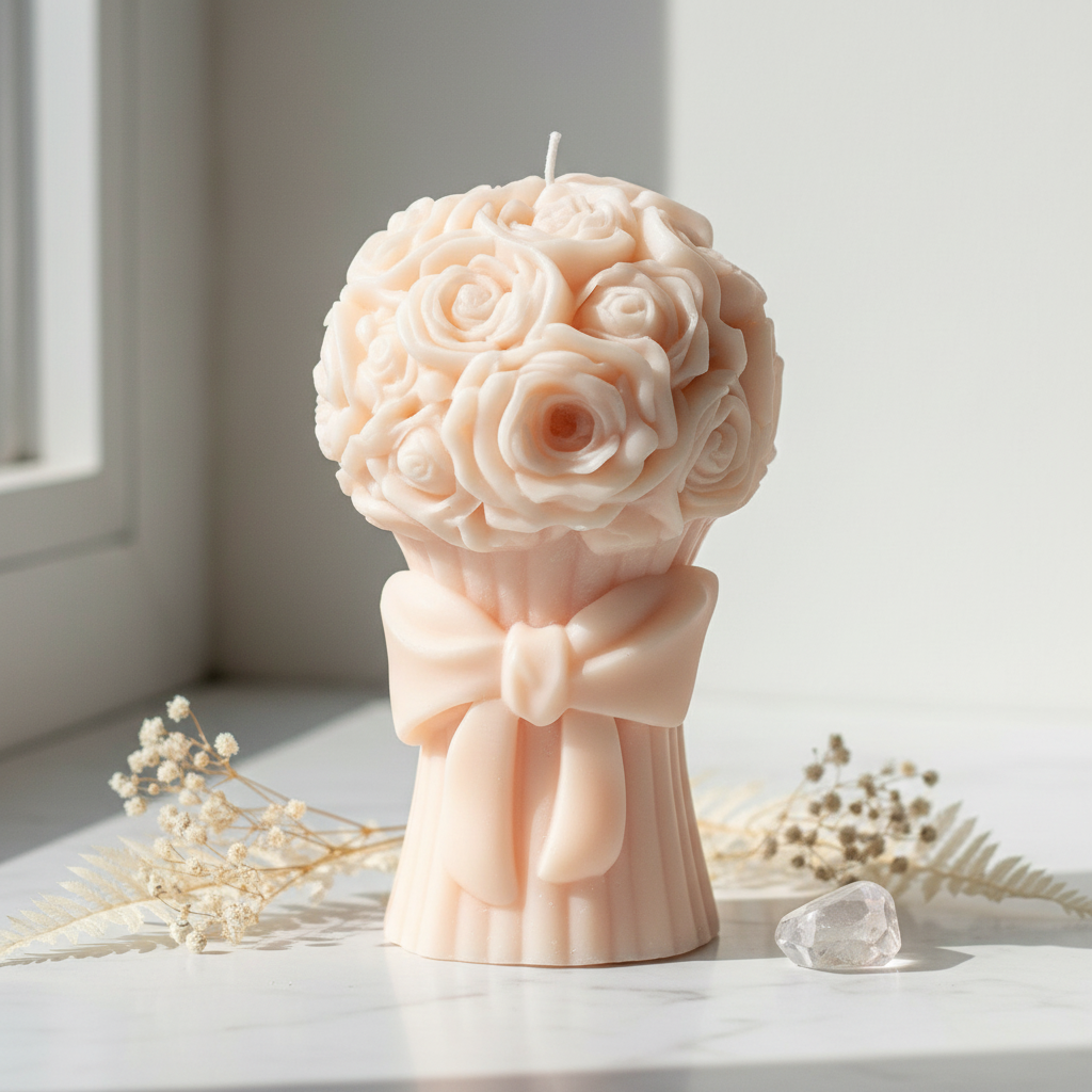 Pastel peach rose flower bouquet candle on white marble - Just Natural Purity