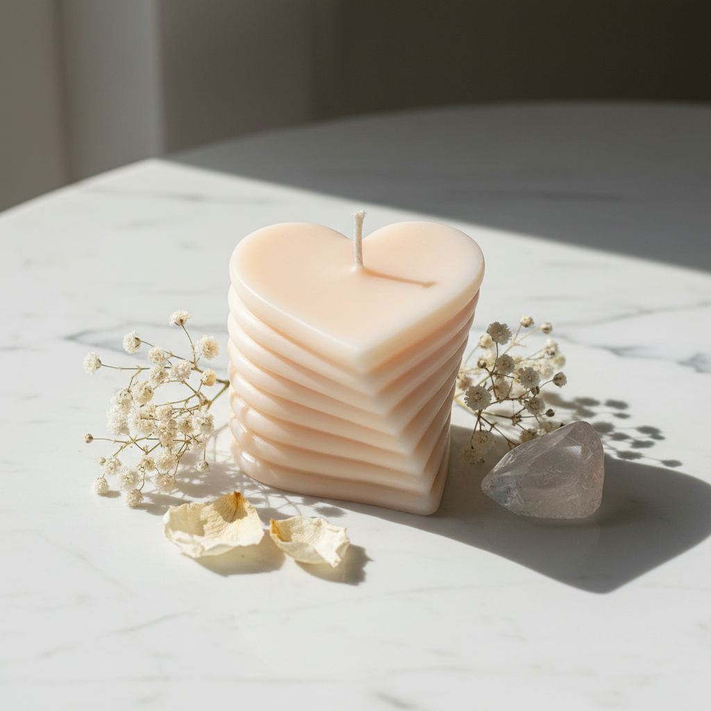 Pastel peach layered heart candle on white marble - Just Natural Purity